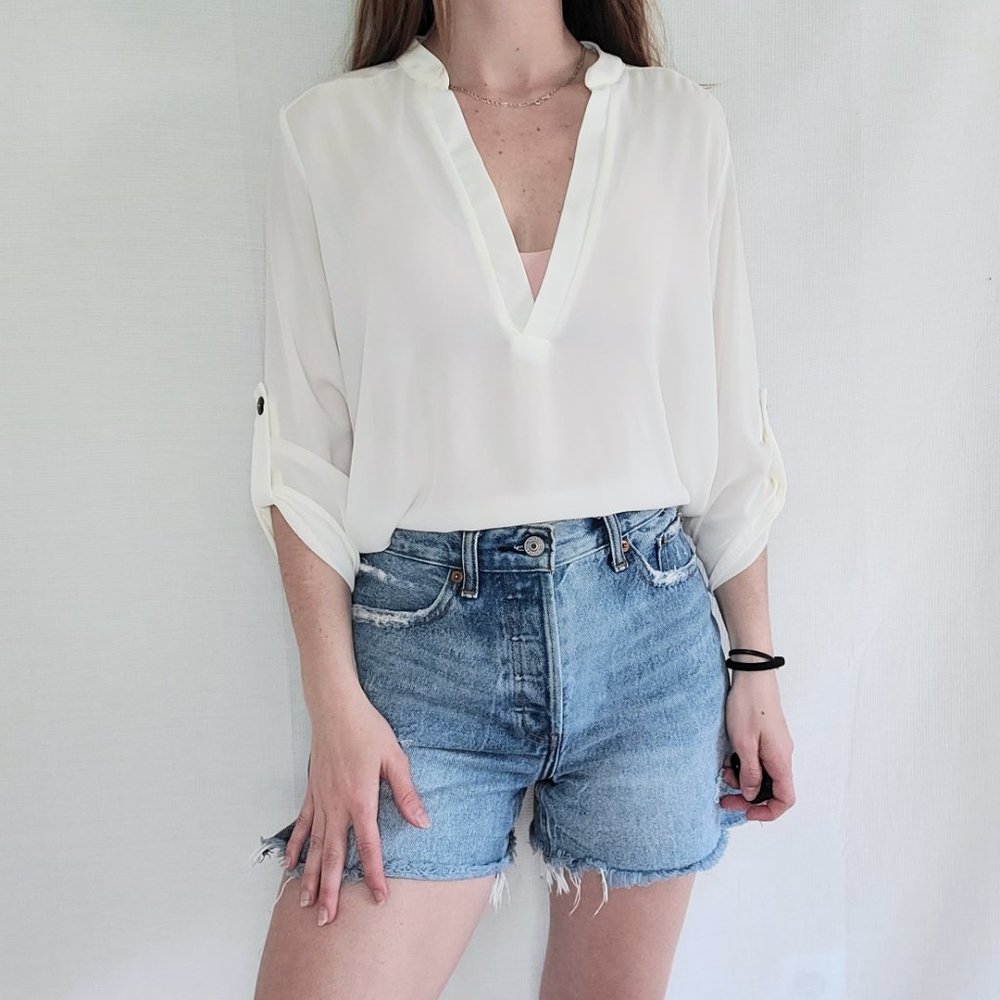 Lush Sheer White Long Sleeve V-Neck Blouse
